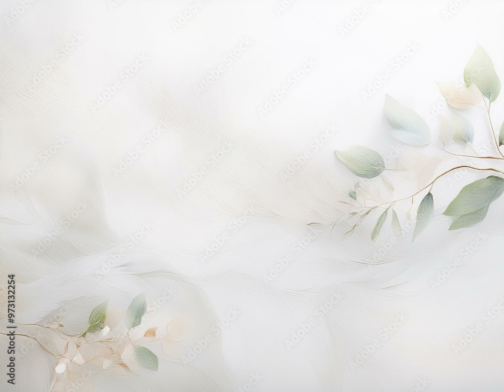 Obraz premium Subtle botanical illustration featuring delicate green leaves and branches on a soft, textured white background with an airy feel.