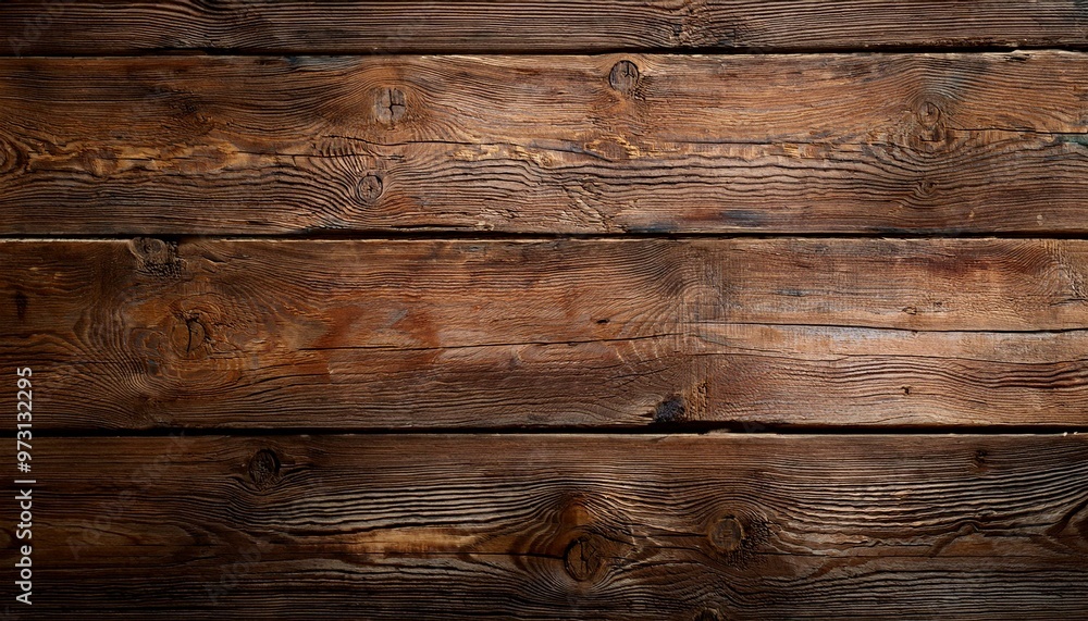 Naklejka premium Close-up view of rustic wooden planks with a rich, dark brown texture, showcasing natural wood grain and weathered details.