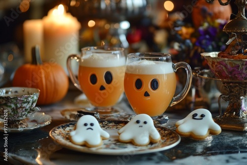 Halloween Ghostly Drinks and Cookies on a Tabletop photo