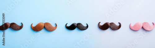 Fake different mustaches line on pastel blue background