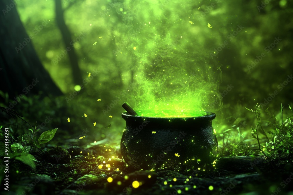 A Black Cauldron Filled with Glowing Green Liquid in a Forest A Black Cauldron Filled with Glowing Green Liquid in a Forest