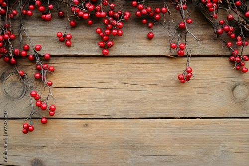 Christmas Branches and Red Berries over Wood Background New Year and Happy Holidays With Copy Space with generative ai