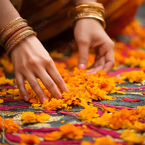 A close-up of a hand placing vibrant orange flowers on a colorful cloth, showcasing intricate details and cultural richness.