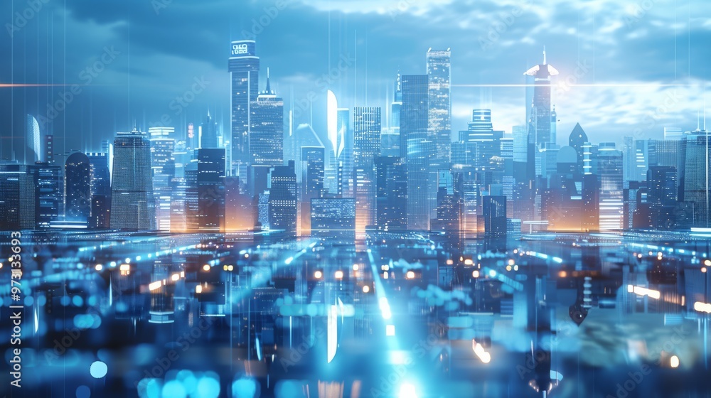 Futuristic cityscape with transparent holographic buildings floating above a modern urban environment showcasing sleek, high-tech designs, reflecting light in a glowing blue hue. Futuristic cityscape with transparent holographic buildings floating above a modern urban environment showcasing sleek, high-tech designs, reflecting light in a glowing blue hue.