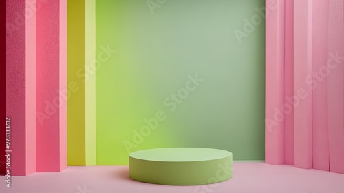 Modern Vibrant Neon Green Podium on Pastel Pink Floor in Stylish Studio