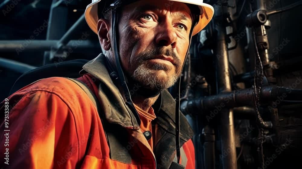 Confident industrial worker in safety gear gazes up in factory setting, exuding professionalism and expertise Confident industrial worker in safety gear gazes up in factory setting, exuding professionalism and expertise