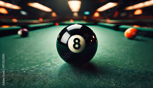 A close-up view of a shiny black eight ball resting on a green pool table 