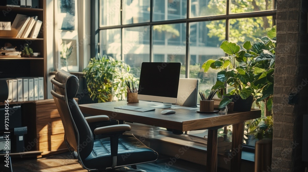 A modern office space with a desk, computer, and plants, showcasing a productive environment. A modern office space with a desk, computer, and plants, showcasing a productive environment.