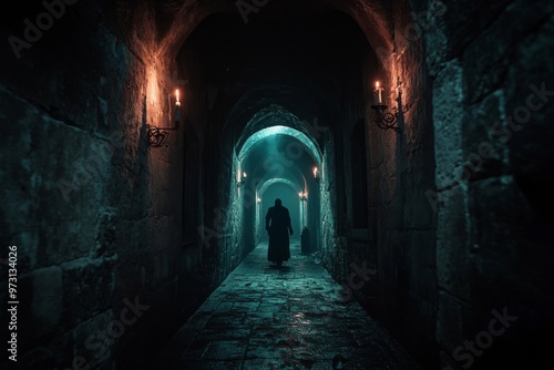 A hooded figure walks down a dark, candlelit stone hallway