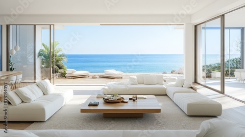 Modern living room with ocean view, featuring minimalist furniture and bright natural light.