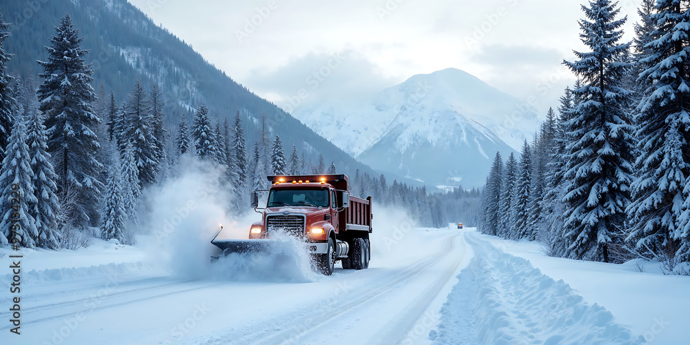 A red snowplow truck driving through a snow-covered mountain road A red snowplow truck driving through a snow-covered mountain road