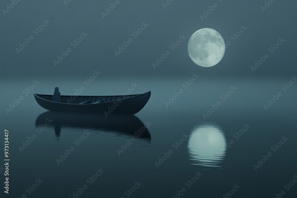 A Lone Rowboat Under a Full Moon in a Still Body of Water A Lone Rowboat Under a Full Moon in a Still Body of Water