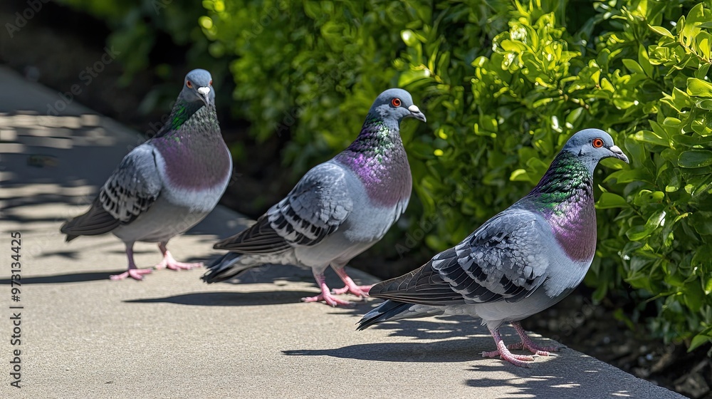 Obraz premium Three Pigeons Walking Along Pathway