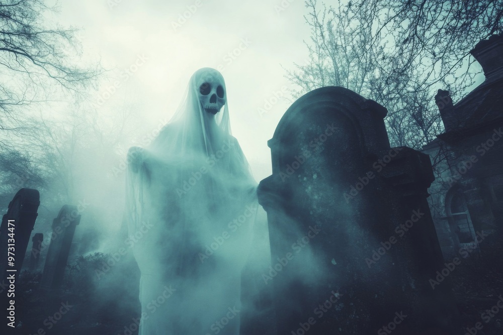 Fototapeta premium A Ghostly Figure Stands Among Gravestones in a Foggy Cemetery
