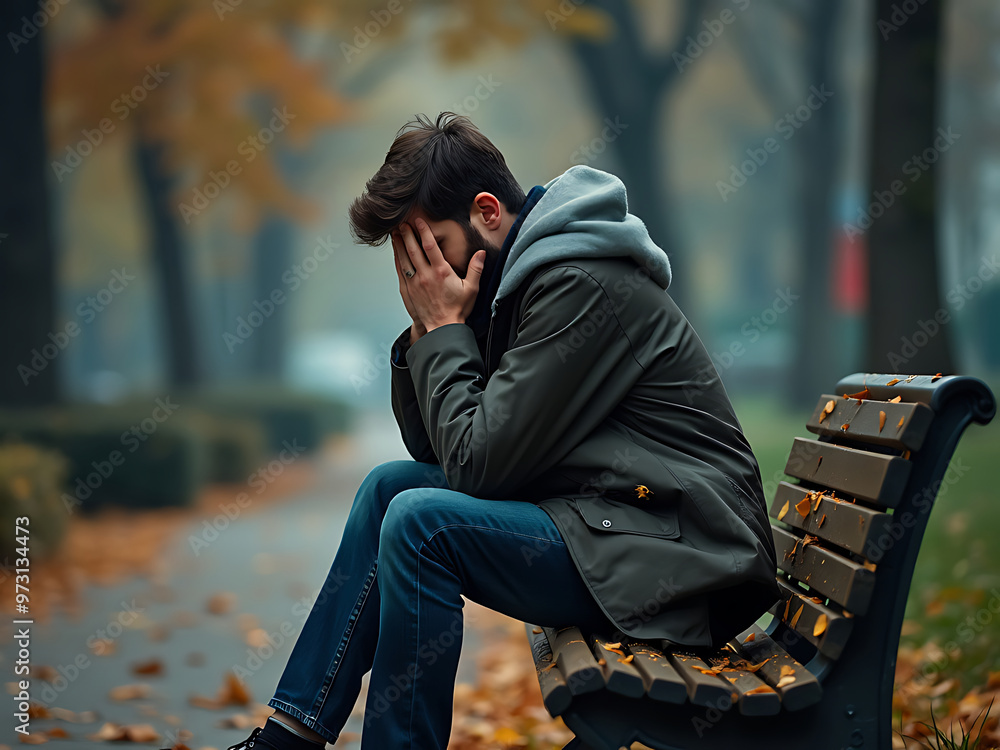 Man sitting on a park bench in contemplation Man sitting on a park bench in contemplation