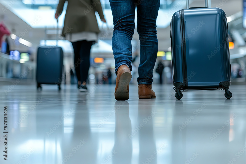 Fototapeta premium Colleagues discussing while walking with suitcases in an airport