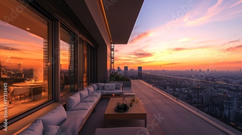 Wallpaper Mural A luxurious balcony view at sunset, showcasing city skyline and comfortable seating. Torontodigital.ca
