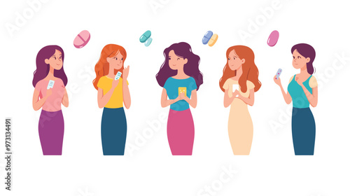 Different Types of Female Contraception Woman's Health isolated on white background