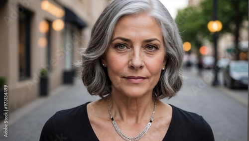 A portrait of an older woman with short, silver hair standing outdoors, exuding confidence