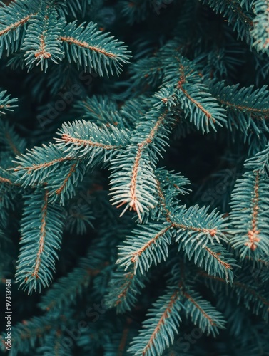 Beautiful Christmas Background with green fir tree brunch close up. Copy space, trendy moody dark toned design for seasonal quotes. Vintage December wallpaper. Natural winter holiday forest backdrop