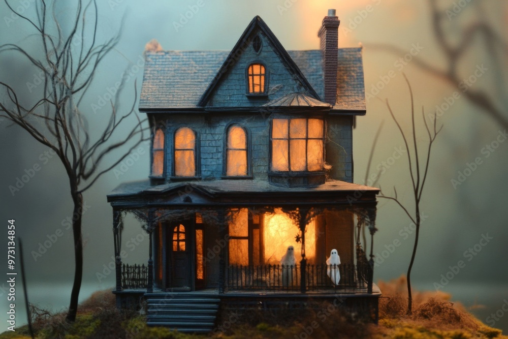 A Miniature Haunted House with Two Ghosts on the Porch A Miniature Haunted House with Two Ghosts on the Porch