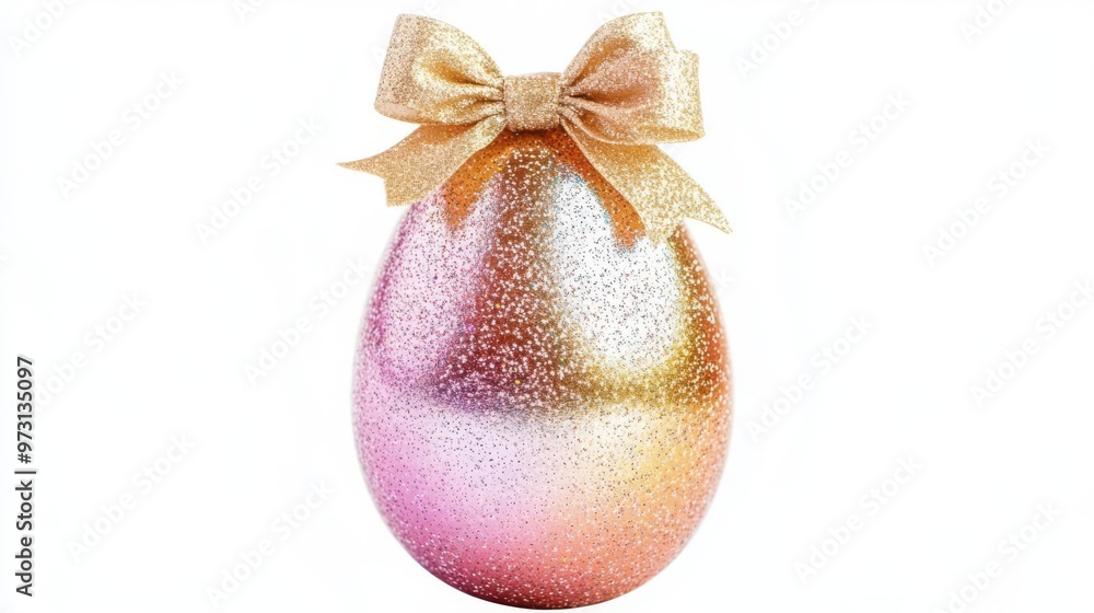 Elegant glittery egg with a gold ribbon bow, perfect for Easter and festive decorations, symbolizing luxury and celebration. Elegant glittery egg with a gold ribbon bow, perfect for Easter and festive decorations, symbolizing luxury and celebration.