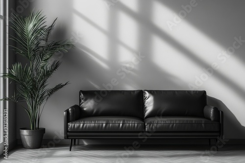 modern elegant home decor idea with monochrome concept featuring a sleek black leather couch in a minimalist living room