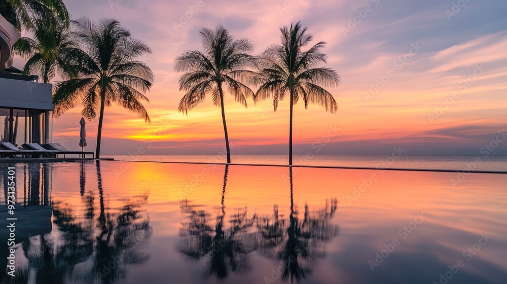Serene sunset over an infinity pool with palm trees reflecting in the water. Serene sunset over an infinity pool with palm trees reflecting in the water.