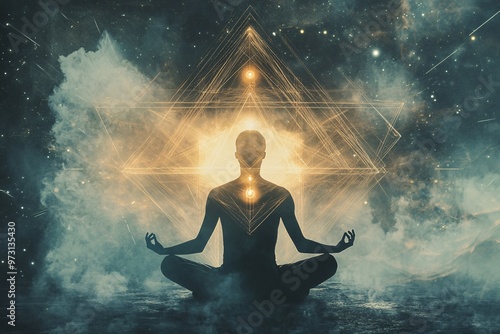 Silhouette of a person meditating peacefully amid a cosmic backdrop filled with vibrant energy and symbolic patterns