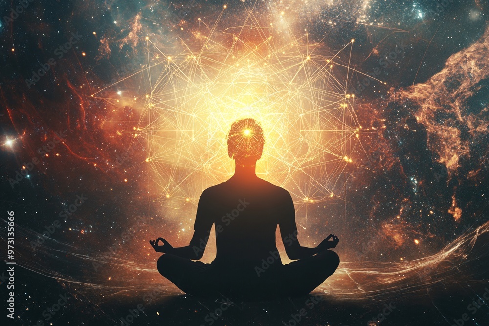Silhouette of a person meditating peacefully amid a cosmic backdrop filled with vibrant energy and symbolic patterns Silhouette of a person meditating peacefully amid a cosmic backdrop filled with vibrant energy and symbolic patterns