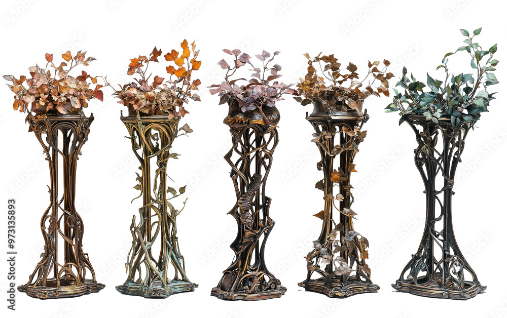 Series of ornate metal plant isolated on white or transparent background Series of ornate metal plant isolated on white or transparent background