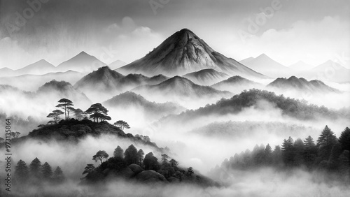 Soothing black and white Sumi e ink painting of mist-covered mountain, art, tranquil, mist, serene, sumi e photo