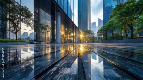 A modern urban landscape reflecting sunlight on wet pavement amidst skyscrapers.