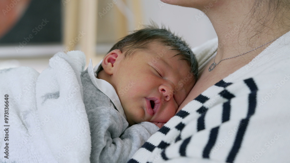 Newborn baby rests on mother’s chest, enveloped in a cozy blanket, symbolizing the intimate bond and the comfort of maternal care in a peaceful, nurturing environment Newborn baby rests on mother’s chest, enveloped in a cozy blanket, symbolizing the intimate bond and the comfort of maternal care in a peaceful, nurturing environment