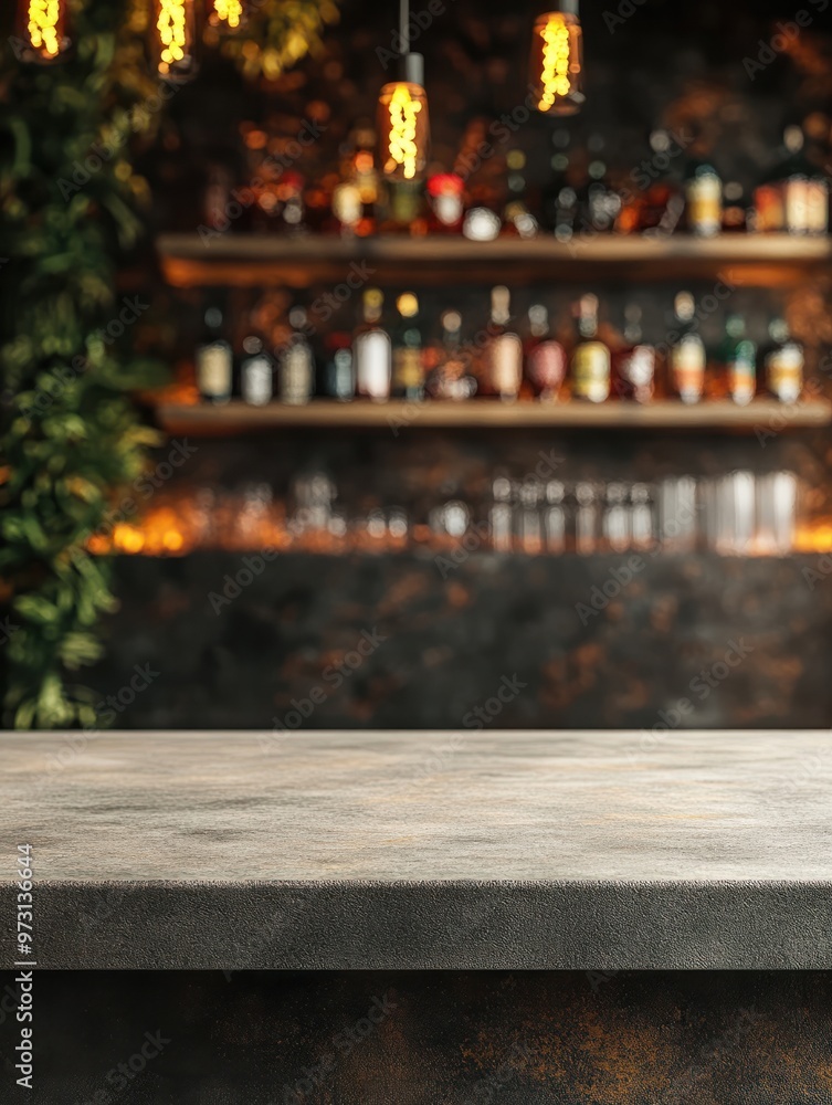 Empty concrete table top in front of a bar. Template showcase scene for advertising products. New Year, Christmas, Black Friday, Cyber Monday, Thanksgiving Empty concrete table top in front of a bar. Template showcase scene for advertising products. New Year, Christmas, Black Friday, Cyber Monday, Thanksgiving