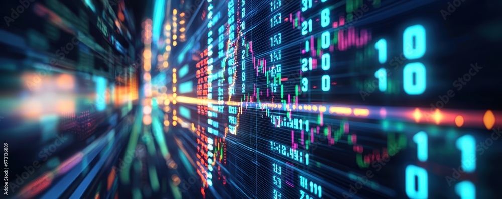 Futuristic stock market with digital glowing numbers, cyberpunk-style market screens, neon-lit setting, 3D illustration. Futuristic stock market with digital glowing numbers, cyberpunk-style market screens, neon-lit setting, 3D illustration.