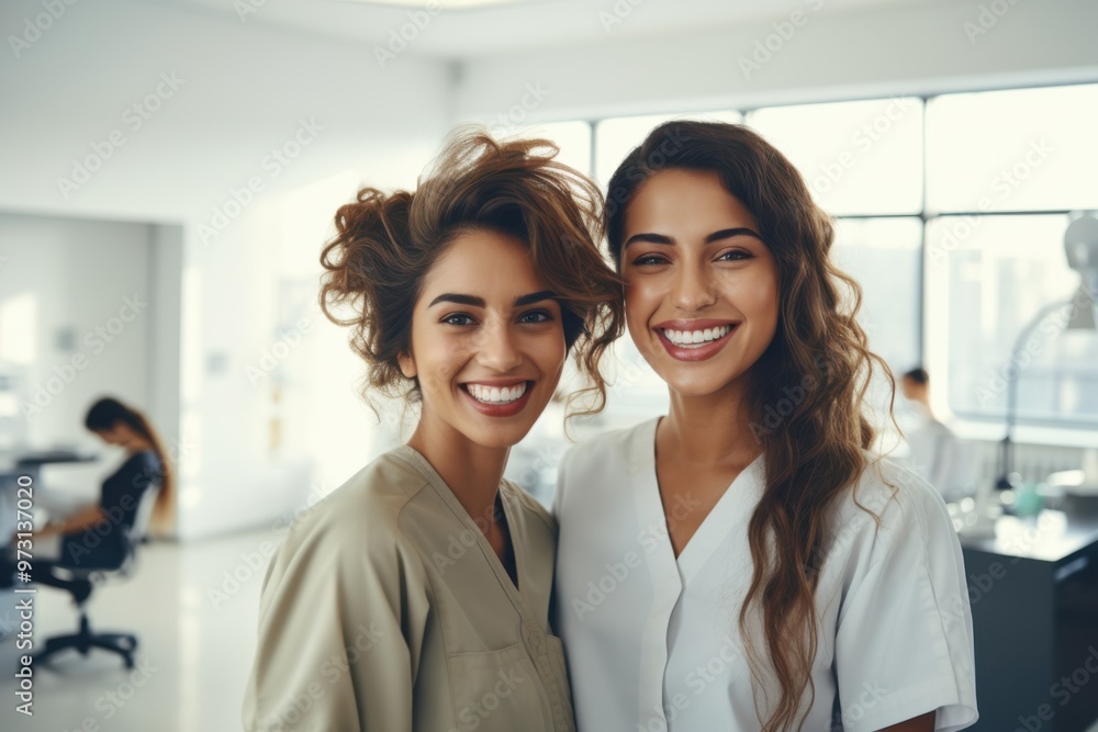 Two women in medical attire, beaming with joy, posing together inside a bright, modern healthcare facility. Two women in medical attire, beaming with joy, posing together inside a bright, modern healthcare facility.