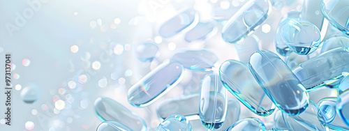 Wallpaper Mural Background with numerous transparent capsules. Banner with space for text. Pharmacception concept. Torontodigital.ca
