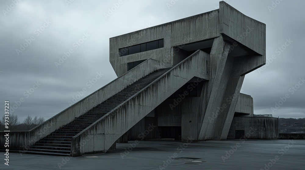 Fototapeta premium A stark, modernist concrete structure with angular design and prominent staircases.