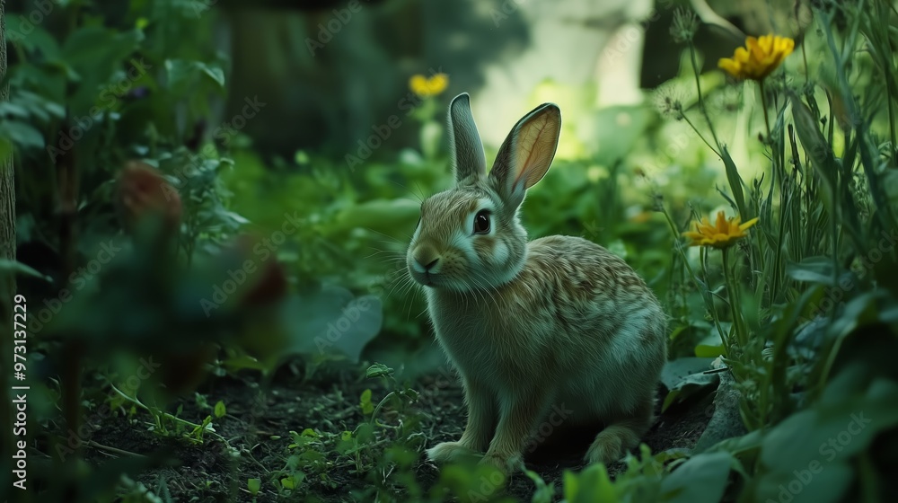 Fototapeta premium A shy rabbit observes its surroundings among vibrant flowers and lush greenery in a serene garden setting during daylight