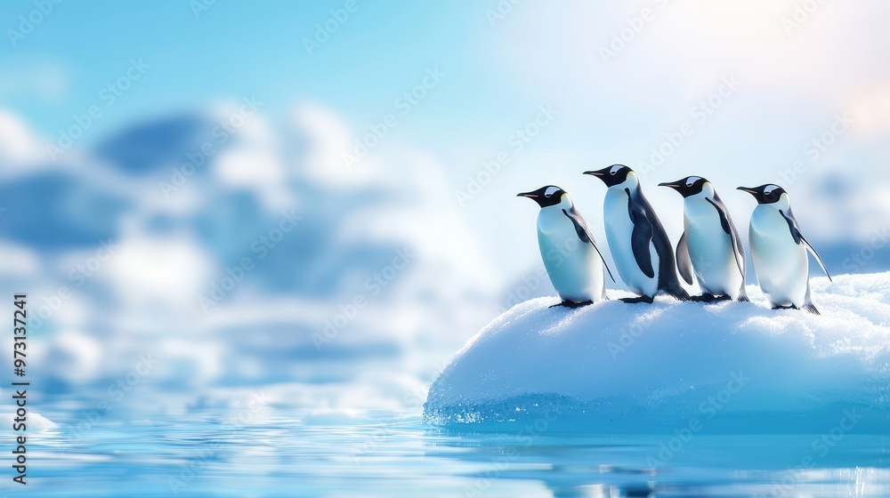 Obraz premium A group of penguins standing on ice near the ocean under a clear blue sky, showcasing the beauty of nature and wildlife in a cold habitat.