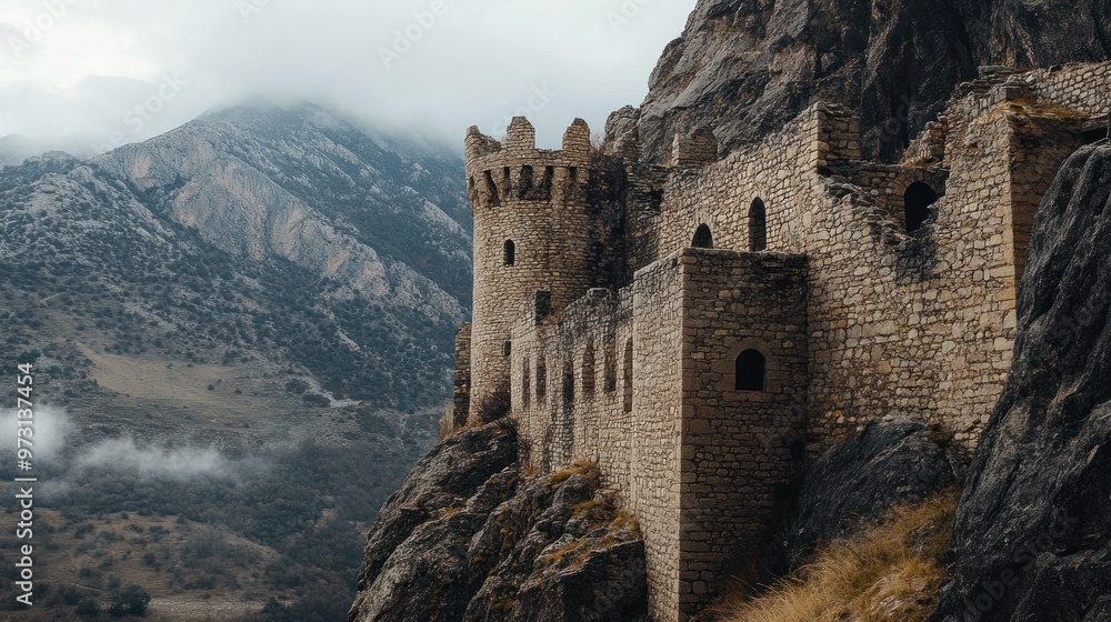 A stone castle perched on a rocky hillside, surrounded by mountains and clouds. A stone castle perched on a rocky hillside, surrounded by mountains and clouds.