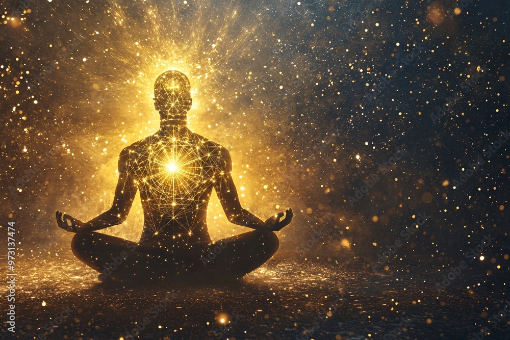 Silhouette of a person meditating peacefully amid a cosmic backdrop filled with vibrant energy and symbolic patterns Silhouette of a person meditating peacefully amid a cosmic backdrop filled with vibrant energy and symbolic patterns