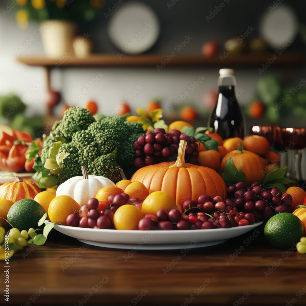 Table filled with seasonal produce, Thanksgiving centerpiece, 3D illustration Table filled with seasonal produce, Thanksgiving centerpiece, 3D illustration