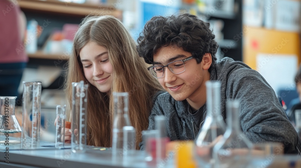 Two students engaged in a science experiment with glassware in a classroom setting. Two students engaged in a science experiment with glassware in a classroom setting.