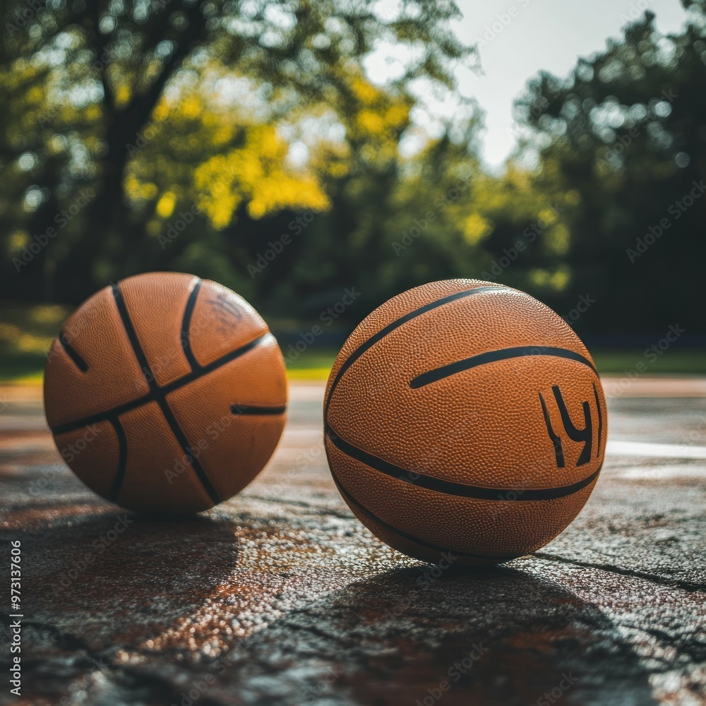 Two basketballs resting on a court, surrounded by greenery and sunlight. Two basketballs resting on a court, surrounded by greenery and sunlight.