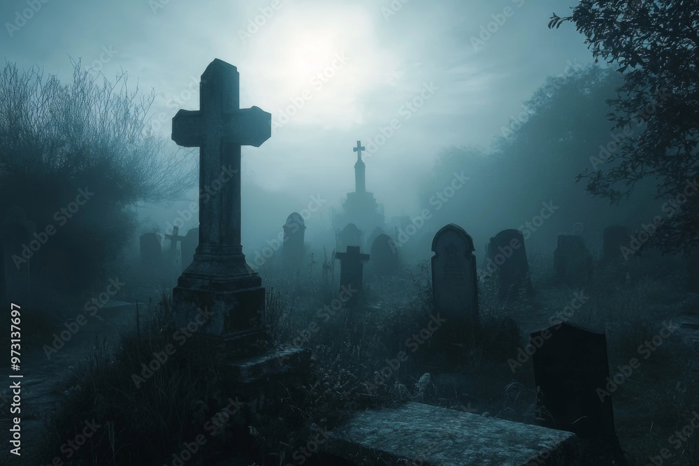 A Graveyard at Dawn with Silhouettes of Tombstones and Crosses in a Misty Atmosphere A Graveyard at Dawn with Silhouettes of Tombstones and Crosses in a Misty Atmosphere