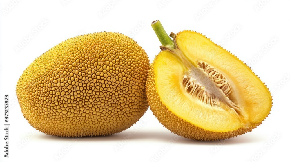A whole and halved jackfruit showcasing its spiky exterior and yellow flesh. A whole and halved jackfruit showcasing its spiky exterior and yellow flesh.