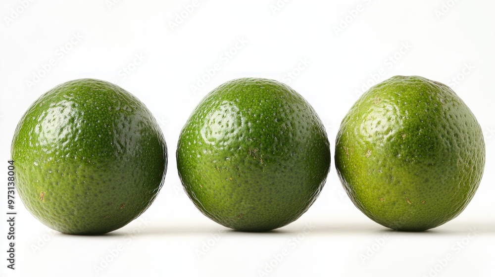 Three green avocados arranged in a row on a white background. Three green avocados arranged in a row on a white background.