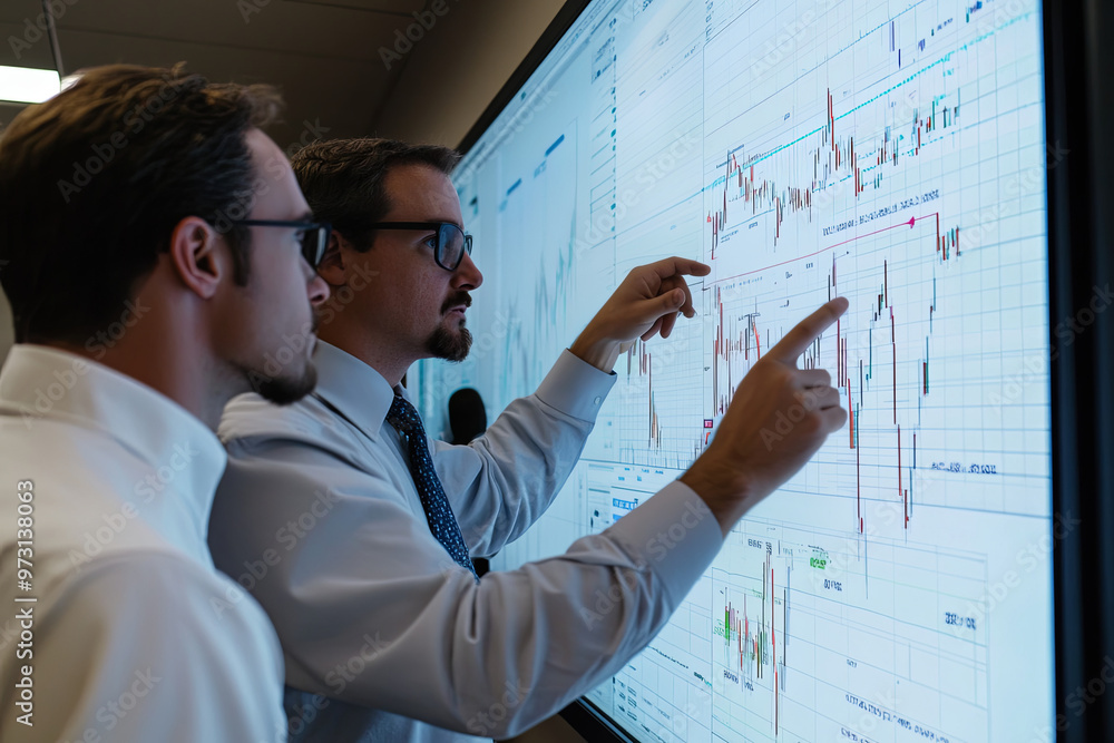 Team analyzing market trends and graphs on a large screen
Team analyzing market trends and graphs on a large screen